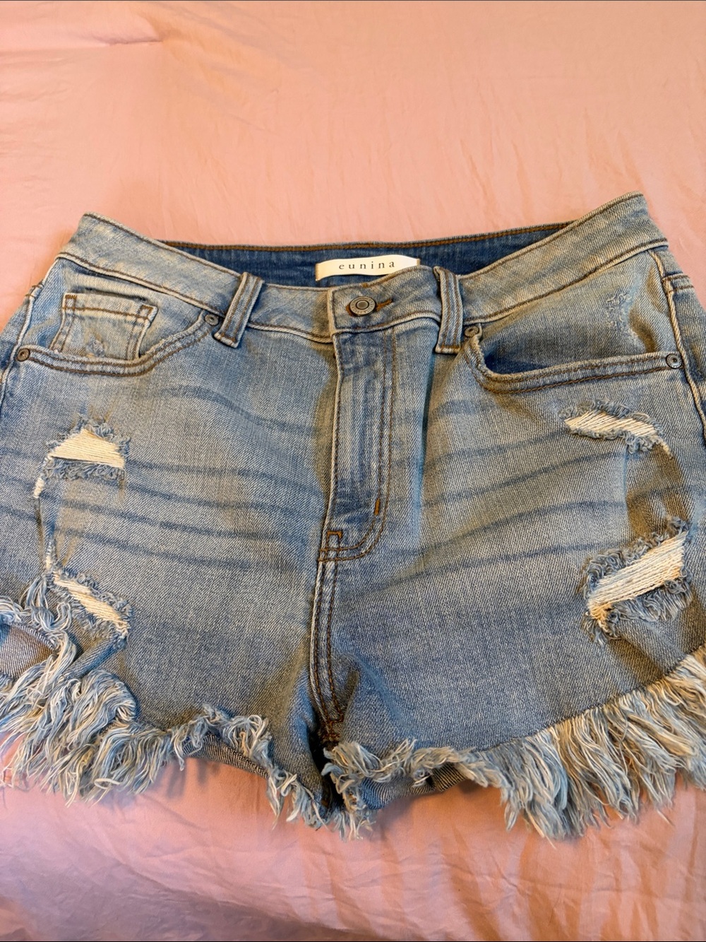 eunina Light Blue Distressed Frayed Hem Denim Shorts